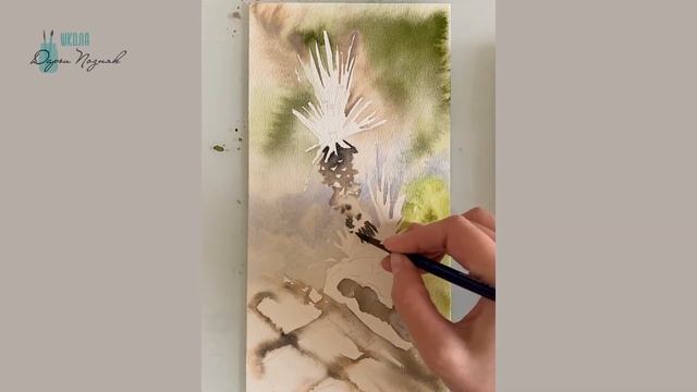 Пейзаж акварелью. Пальма. смотреть онлайн