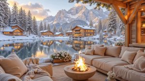 Зимний вечер у озера ❄️ Уютная терраса в горах с камином и мягкий рождественский джаз 🔥🎷