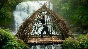 Строю хижину из бамбука рядом с водопадом. Убежище для выживания. Бушкрафт