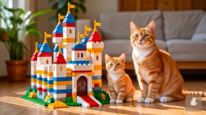 😹Мама кошечка со своим маленьким сыночком собирают замки из конструктора🔥