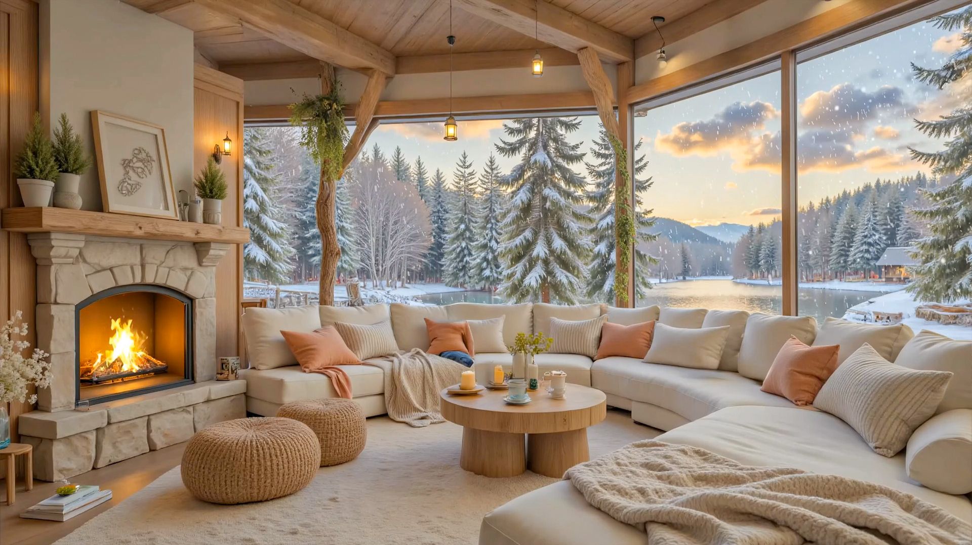 Зимняя уютная гостиная ❄️ Тихий вечер у камина с видом на заснеженный лес под джаз ✨🔥 смотреть онлайн