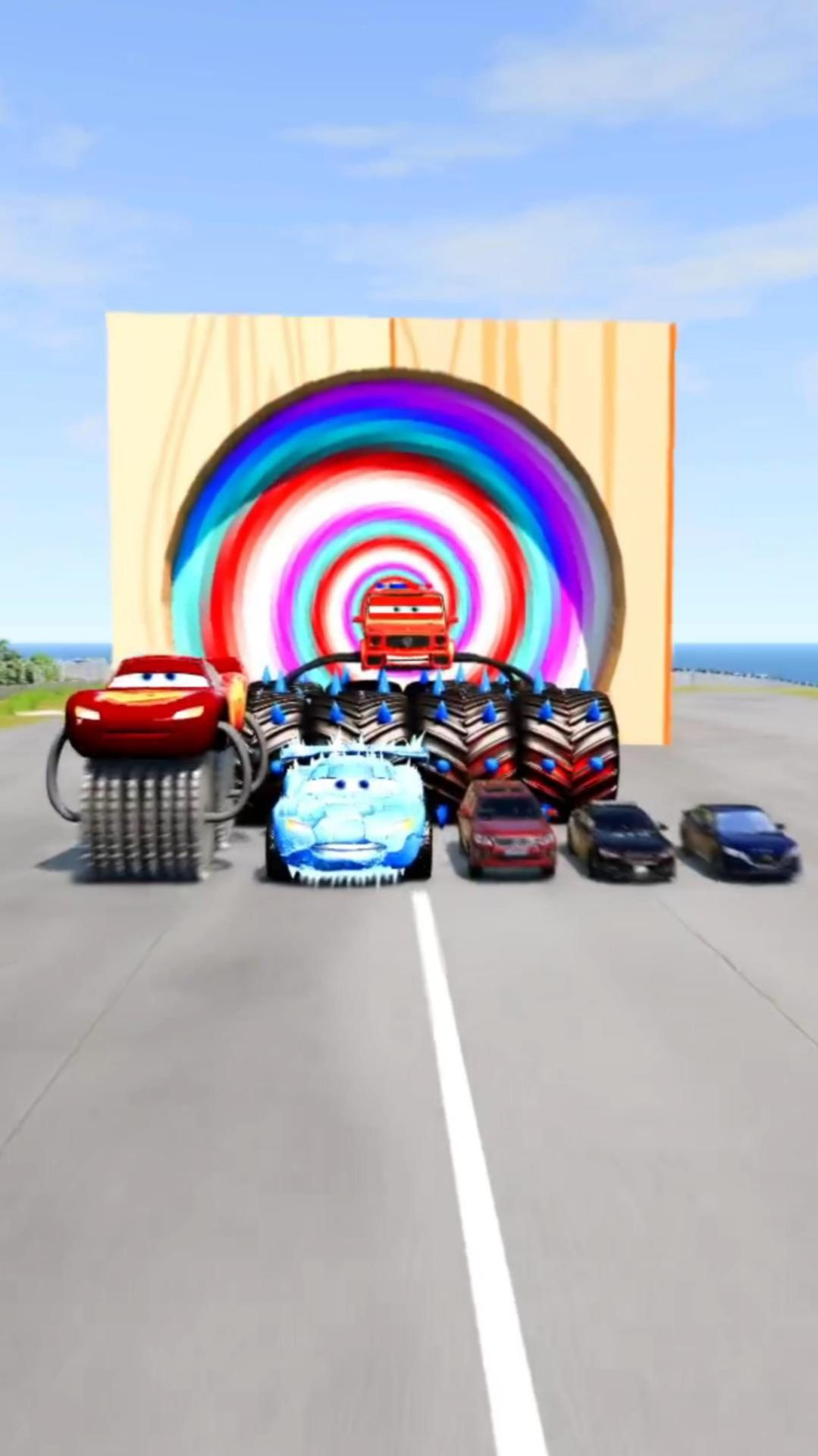 Большая и маленькая полицейская машина на больших колесах против поездов | BeamNG.Drive смотреть онлайн