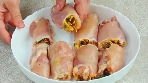 Куриные рулетики с грибами и сыром. Вкусные рулетики из куриной грудки с грибами и сыром.