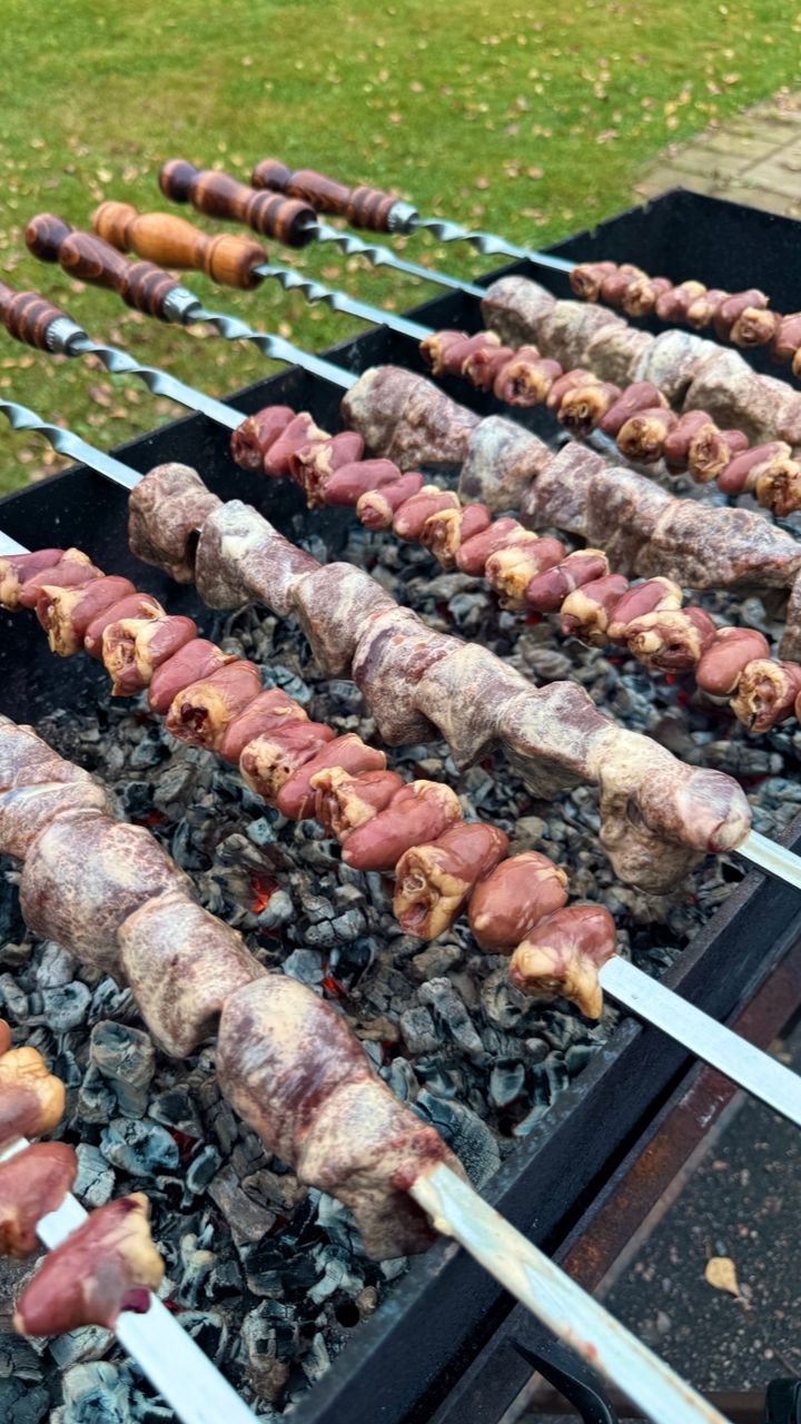 Шашлык из печени и куриных сердечек на мангале смотреть онлайн