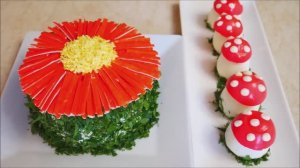 Простой и вкусный салат с крабовыми палочками ХРИЗАНТЕМА закуска ГРИБОЧКИ БЛЮДА на праздничный стол