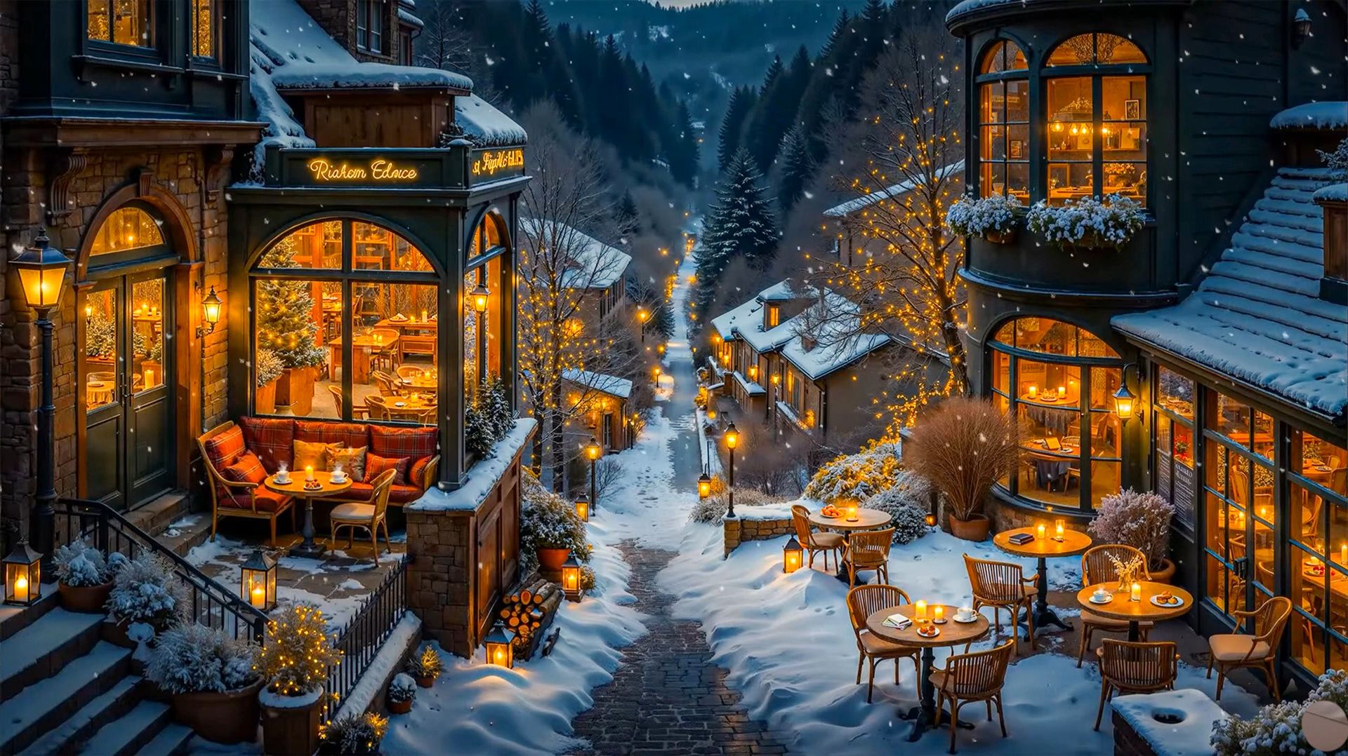 Зимняя улочка✨ Уютные домики, огни кафе и рождественская атмосфера под джаз смотреть онлайн