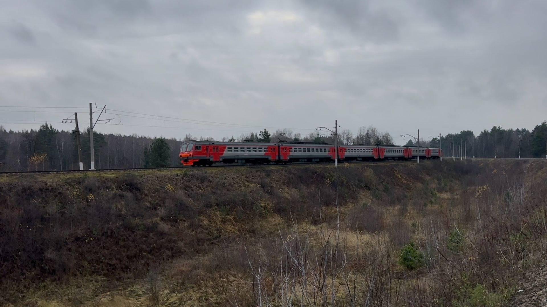 Электропоезд ЭД4М-0043 на перегоне, ноябрь 2025 года смотреть онлайн