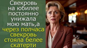 Свекровь на юбилее постоянно унижала мою мать, а через полчаса  свекровь стояла белее скатерти