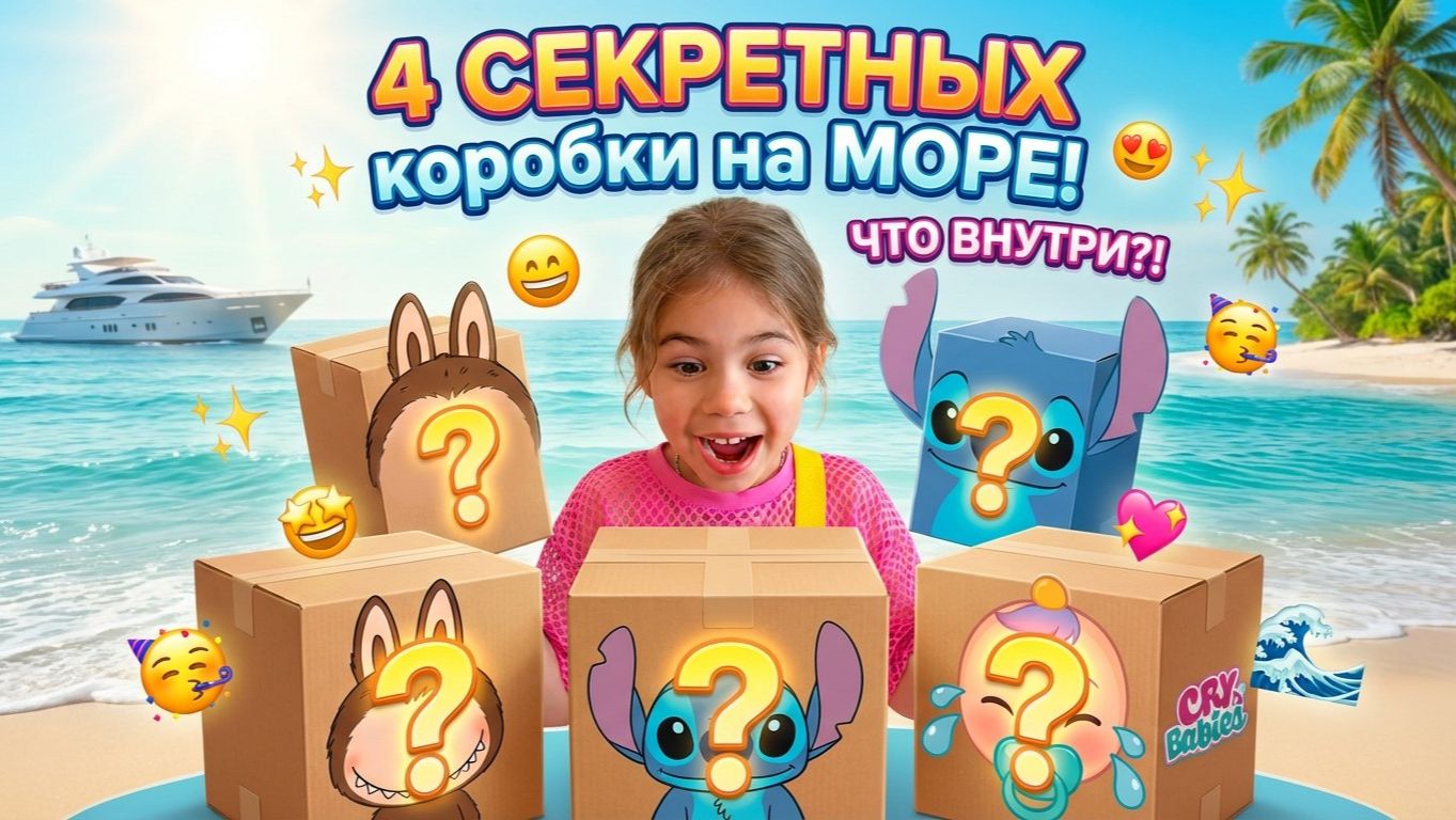 😱 Открываю 4 СЕКРЕТНЫХ коробки на МОРЕ! Лабубу, Стич и Край беби ❓✨ ЧТО ВНУТРИ?! / Алиса ТипТоп