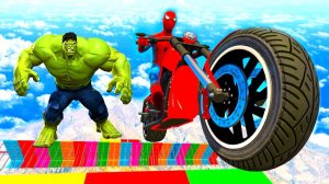 Человек-паук и Супергерои делают трюки через трамплин на Мотоциклах. Мультфильм для детей и малышей.