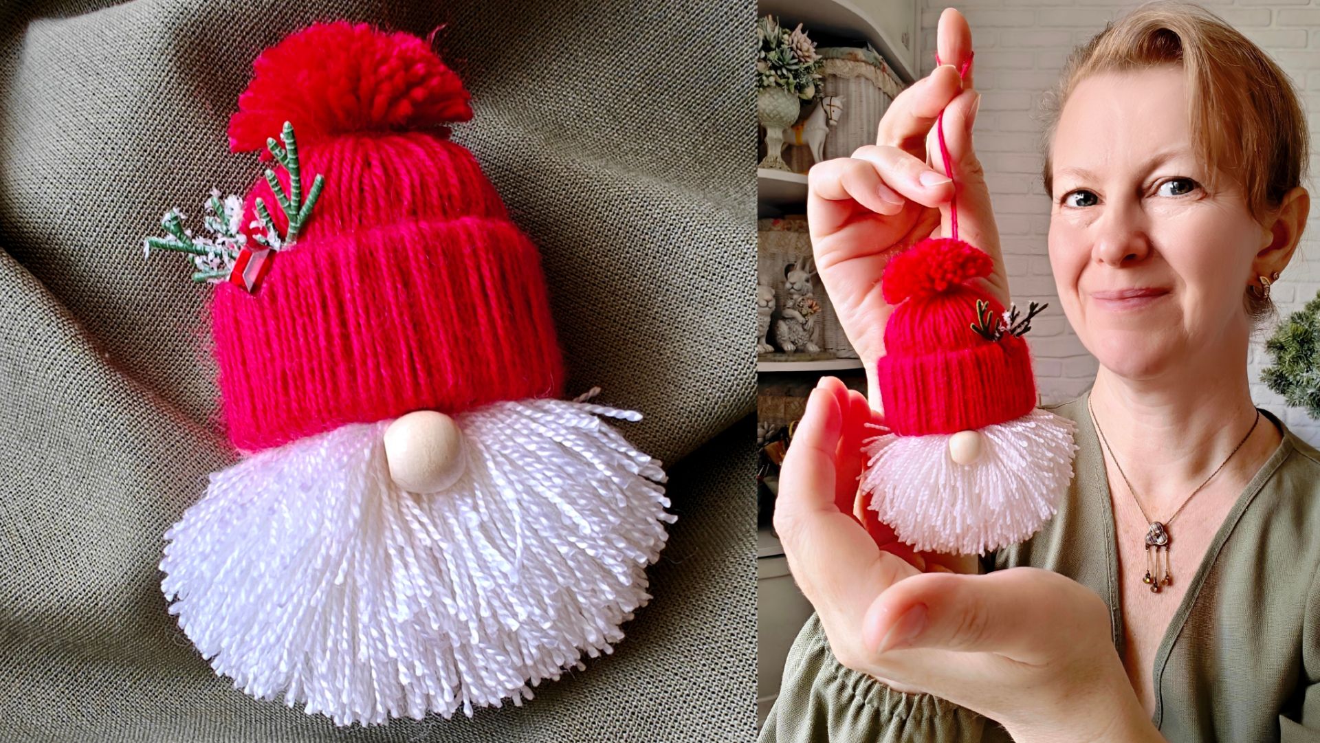 Гномик из пряжи и втулки: ёлочная игрушка