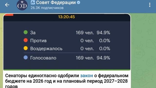 Как проголосовали сенаторы за бюджет 2026-2028 ВСЕ ЗА! Против - 0, воздержалось - 0, 26 ноября 2025