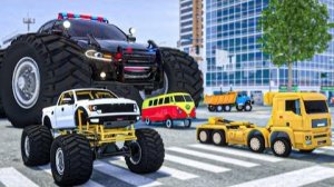 Полицейская машина и самосвал ПРОТИВ лужи - Полиция спешит на помощь!-Сможет ли полицейская