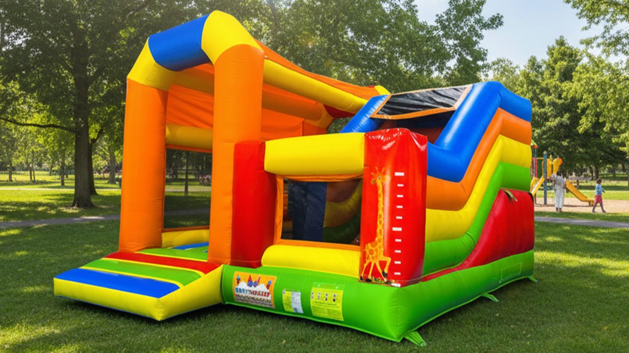 Коммерческий надувной батут "Радужный" с крышей 5,9*5*3,5 м смотреть онлайн