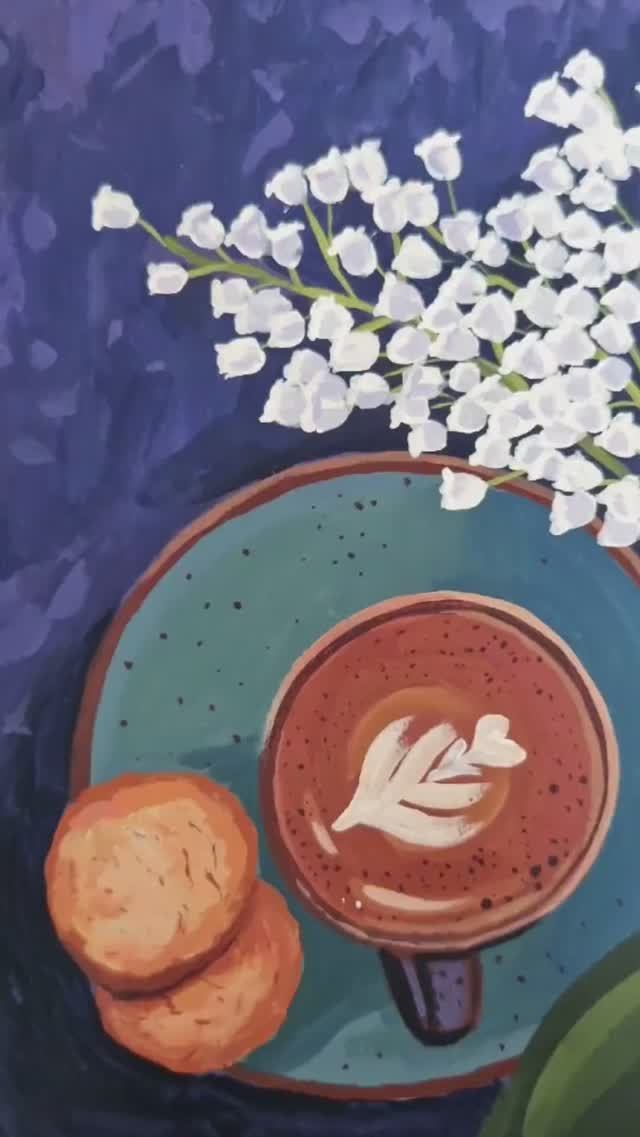 Кружка кофе и ландыши акриловыми красками