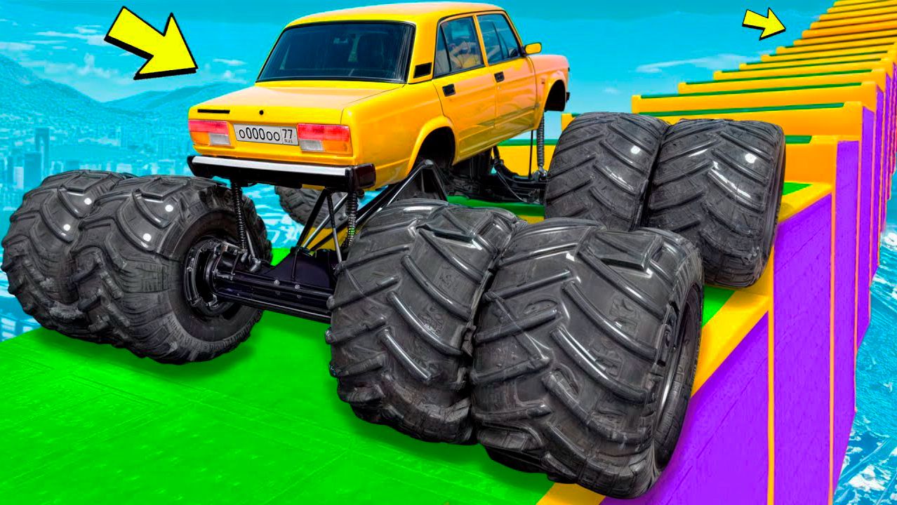 Как далеко сможет чит монстр трак забраться по ступенькам лестницы? Эксперименты ГТА 5 смотреть онлайн