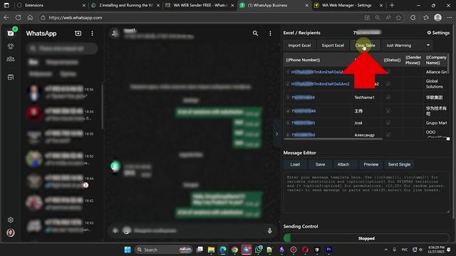 WhatsApp Web Sender — импорт Excel, структура таблицы и запуск рассылки