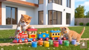 😹Мама кошечка со своим маленьким сыночком делают красивый паровозик из дерева🔥
