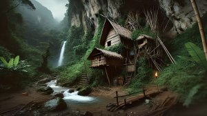 Строю уютное убежище в форме пирамиды над землей в тропическом лесу. Бушкрафт