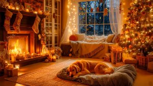 Уютный рождественский вечер у камина ✨ Тёплый дом, огни ёлки и спокойствие зимы ❄️🐶🔥