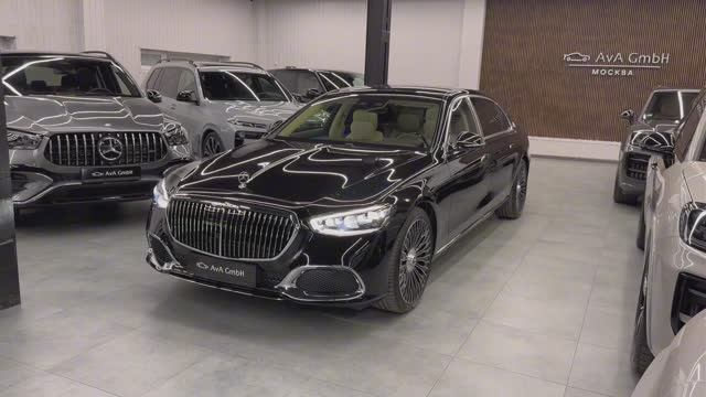 Обзор Mercedes-Maybach S580 2024. Obsidian Black, Macchiatio Beige. Автомобиль в продаже.