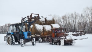 Погрузка сена с поля. Работают трактора Беларус-82.1 и ДТ-54А. / Belarus-82 and DT-54A tractors.