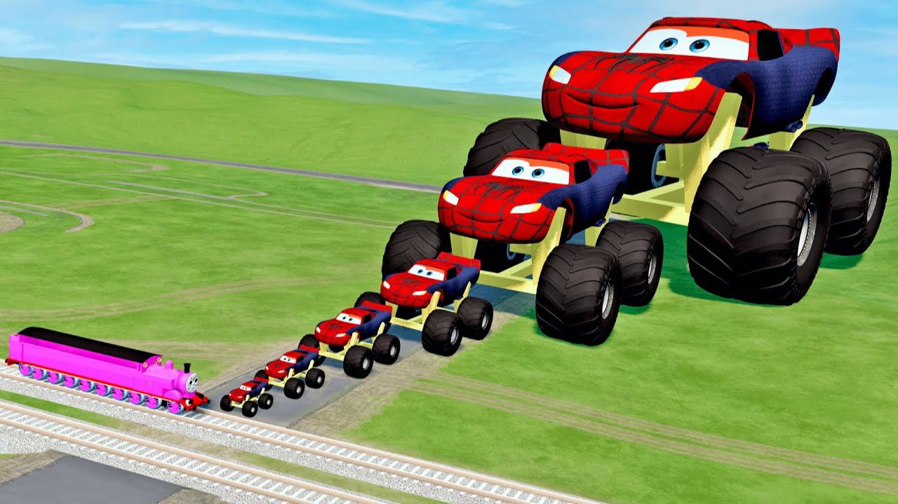 Молния Маквин-спайдермен на ОГРОМНЫХ колесах против паровозика ТОМАСА смотреть онлайн