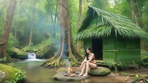 Красивая девушка одна строит убежище в лесу и готовит еду у ручья. Бушкрафт