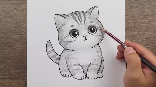 Как нарисовать Милый рисунок Кошки карандашом поэтапно, урок рисования смотреть онлайн