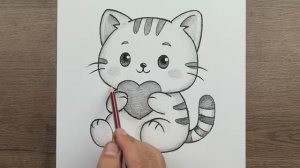 Как нарисовать Милый рисунок Кота, держащего сердце карандашом шаг за шагом