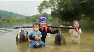 Ловлю речную рыбы для продажи на рынке. Приготовление еды для детей. Жизнь Дуонг. Вьетнам