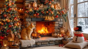 Рождественский уют у камина 🎄🔥 Кот, огни и зимняя сказка под приятный Джаз❄️✨