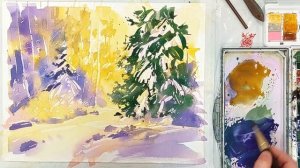 Зимний лес, быстрая акварель