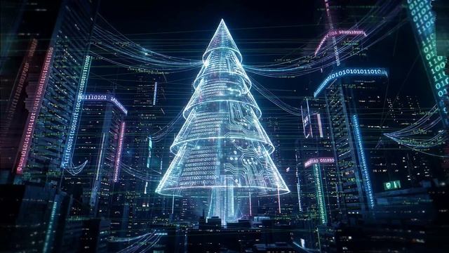 Кибер‑ёлка в неоновом городе | Зацикленный новогодний фон и заставка для экрана