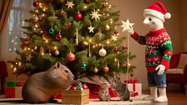 Животные наряжают ёлку,генерация с помощью нейросети смотреть онлайн