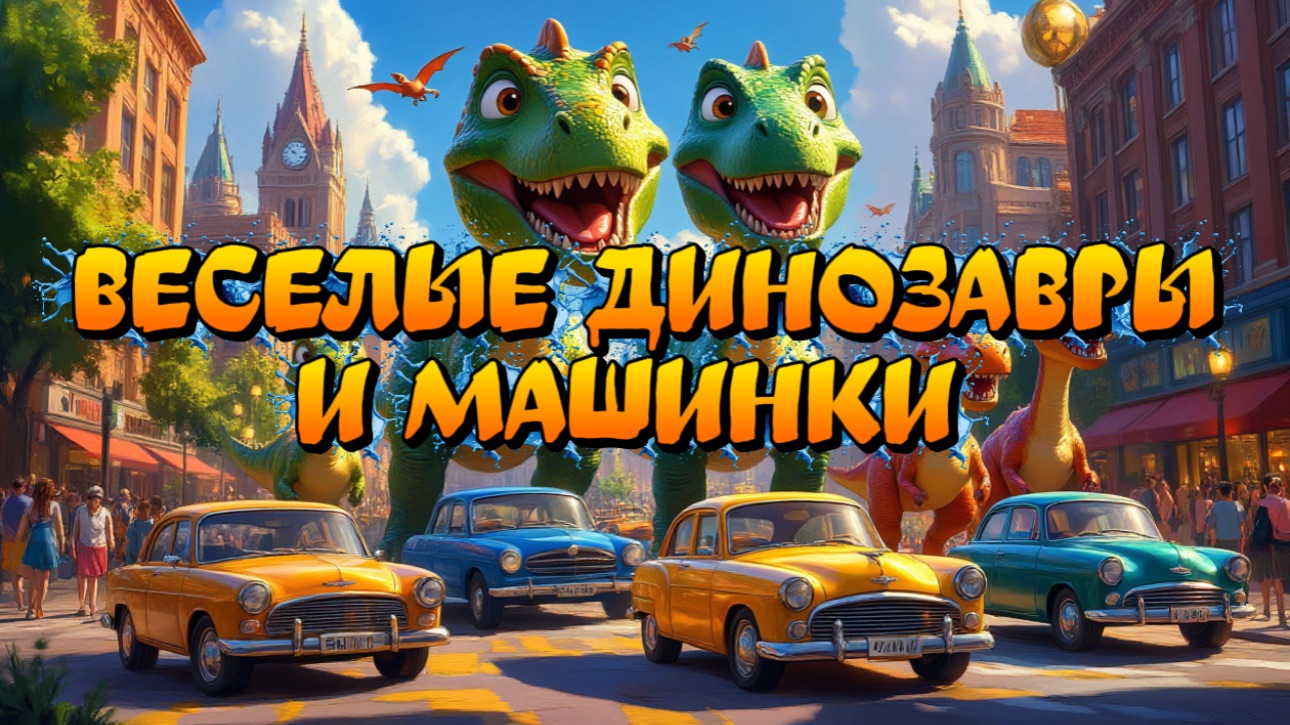Веселые Динозавры и машинки, песенки для детей и малышей