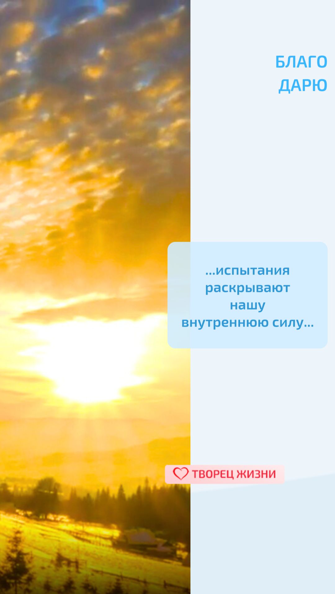Благодарю за все испытания, которые мне приходится преодолевать - они делают меня сильнее и мудрее.