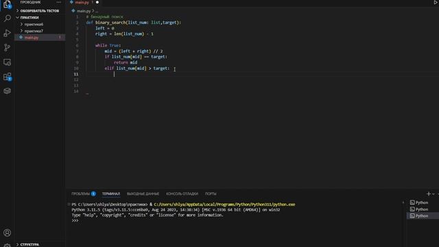 как реализовать бинарный поиск,алгоритмы(python) смотреть онлайн