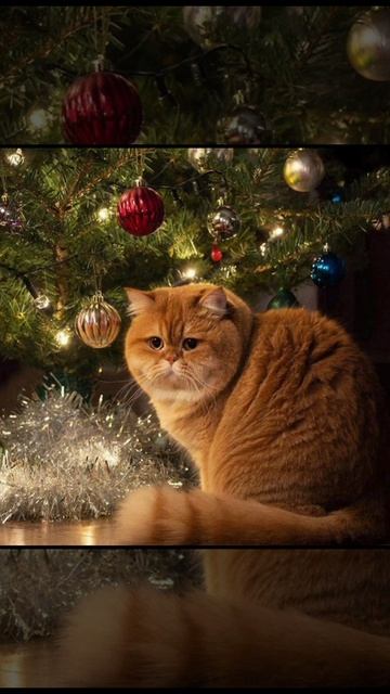 котики веселятся под новогодней ёлкой