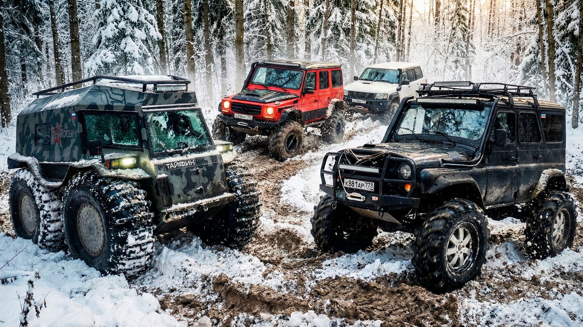 Вездеход Тайфун vs Топ-Джипы на порталах: УАЗ (БТР, 45" трактора), Patrol Y61, Mercedes G500 W463 смотреть онлайн