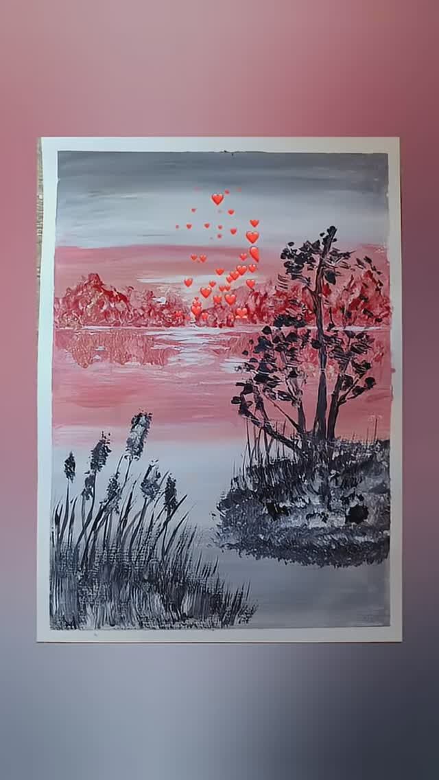 Пейзаж осенний гуашью/Рисование с детьми🌹#shorts