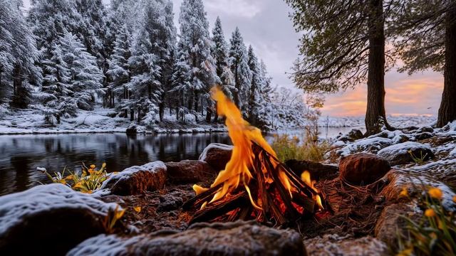 🔥 Тихий зимний костёр, снег, лес и мягкое вечернее небо… смотреть онлайн
