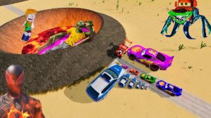 Полицейские машины и Зомби Мэтр против гигантской лавовой ямы – BeamNG.drive