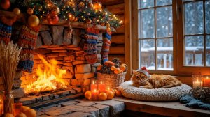 🎄 Уютный камин в новогоднем домике | Кот у огня и зимняя атмосфера