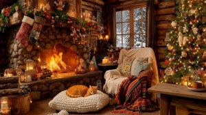 🎄 Уютный новогодний камин в деревянном домике | Кот у огня и зимняя сказка