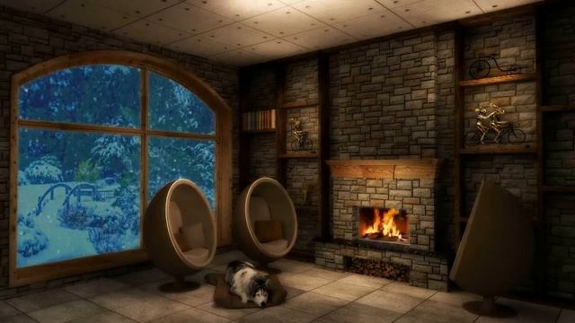 Классический Камин с трескучими дровами и спящей собакой Хаски Январский вечер с горящим очагом