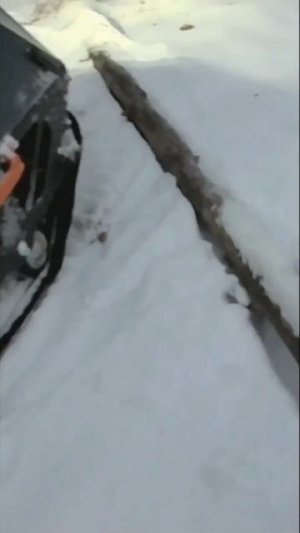 Мотобуксировщик в крутую гору через упавшую лесину.