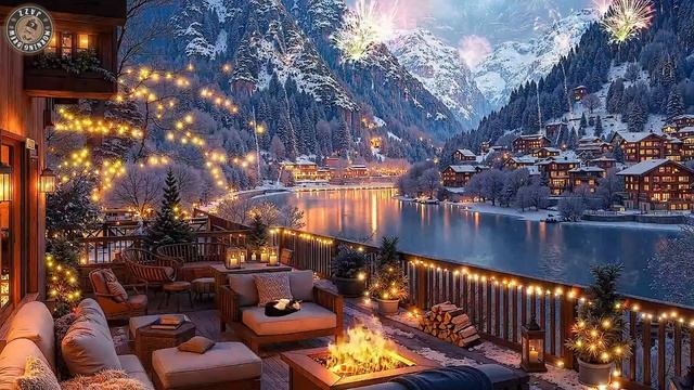 Фейерверки, Новый Год,уютное зимнее кафе с видом на горы, нежный джаз смотреть онлайн