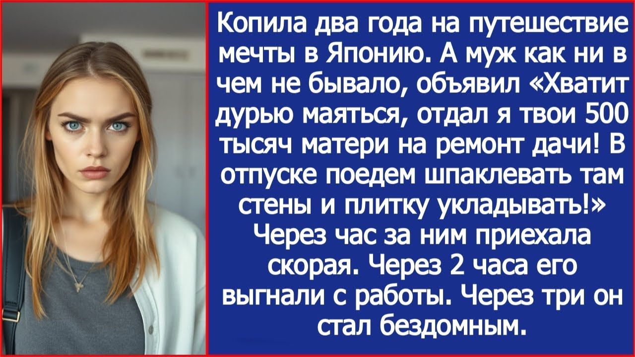 Я копила два года на путешествие мечты в Японию, а муж отдал мои деньги своей матери. смотреть онлайн