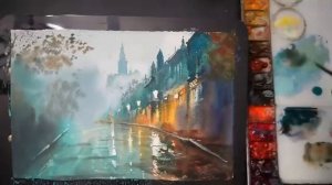 Урок рисования акварелью: дождливая ночь